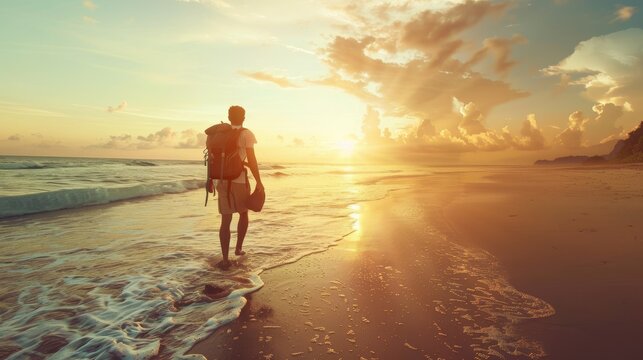 Traveler with backpack strolling on beach at sunset   wanderlust lifestyle idea with golden filter