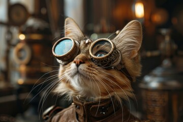 Adorable steampunk cat wearing vintage goggles in a retro-futuristic setting. Perfect for whimsical and imaginative concepts.