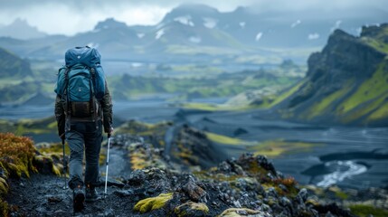 A traveler hiking through rugged terrain with a backpack, admiring breathtaking natural landscapes