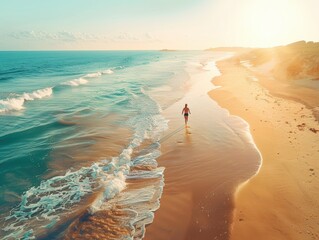 Aerial view of a person walking along a beautiful sandy beach at sunrise with gentle waves and golden light.