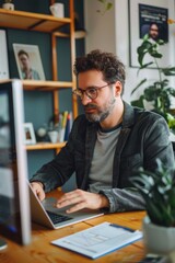 Obraz premium A person sits at a desk with a laptop, likely working or studying