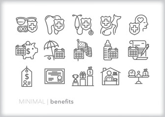 Set of benefits line icons of insurance, compensation, and rewards of full-time employees