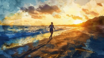 Obraz premium An artistic depiction of a person jogging along a beautiful beach at sunrise, capturing the essence of serenity and determination.