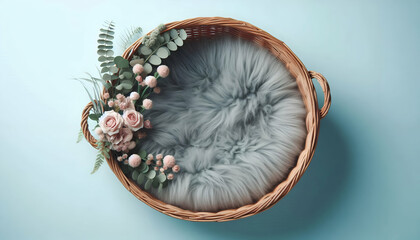Newborn baby photography basket. Background for newborn baby with pink flowers.Green Wreath Digital Newborn Backdrop