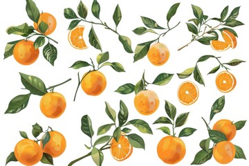 Fresh oranges and leaves on a single branch, great for food or nature photography