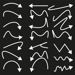 Curved arrow set. White arrows. Black background. Vector illustration.