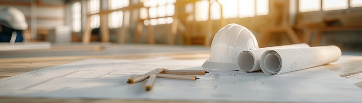 Architectural blueprint with safety helmet and draftsman's tools in a sunlit workspace highlighting construction and design planning.