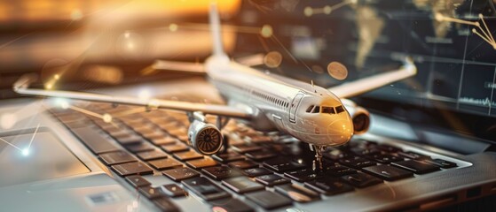 White model of airplane and persons on laptop keyboard Introduction to global aviation related things can be done online at hand ticket booking flight schedule tracking shipping. Copy space image
