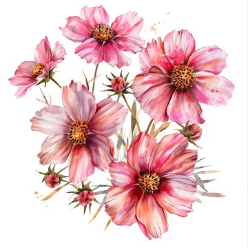 pink watercolor cosmos flowers on white clip art preview