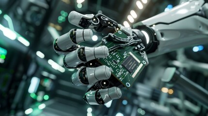 Advanced robot arm with super computer processor  high tech industrial manipulator holding cpu chip