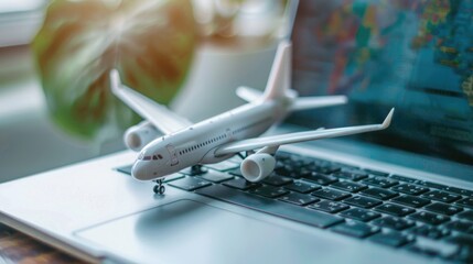 White model of airplane and persons on laptop keyboard Introduction to global aviation related things can be done online at hand ticket booking flight schedule tracking shipping. Copy space image
