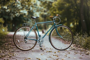 Blue vintage bicycle is standing on a path in the woods on a fall day