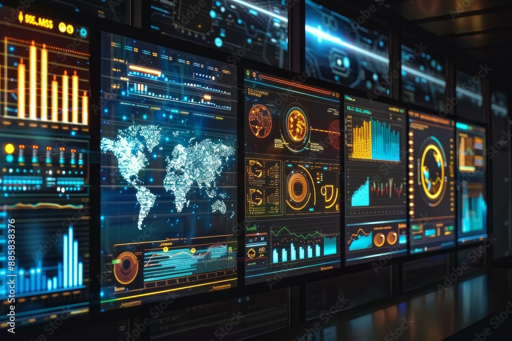 Poster modern network operations center with analytics information displayed on multiple screens showing gl