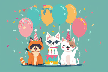 Cute Cartoon Animals Celebrating Birthday with Balloons, Cake, and Party Hats on Green Background
