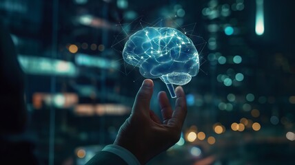  hand interacts with a digital brain hologram