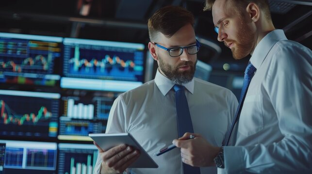 Stock brokers discussing asset management strategy with international client in office