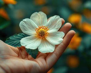 Serene Close-Up of Hand Holding Flower in Natural Setting | Nature and Gardening Concept