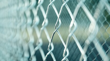 Fototapeta premium Close-up image of a wire mesh fence with a blurred background, emphasizing the texture and structure of the metal links.