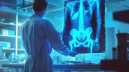 doctor medical professional examine X-ray image hospital laboratory examination body check digital illustration, bones pelvis spine, health scientific healthcare research science technology