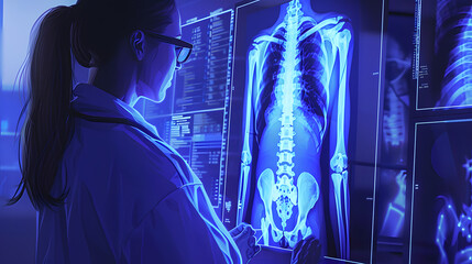 doctor medical professional examine X-ray image hospital laboratory examination body check digital illustration, bones pelvis spine, health scientific healthcare research science technology