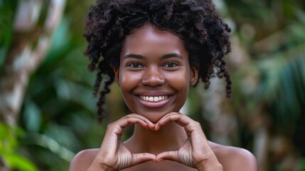 Happy black woman showing heart gesture outdoors   wellness and self care concept