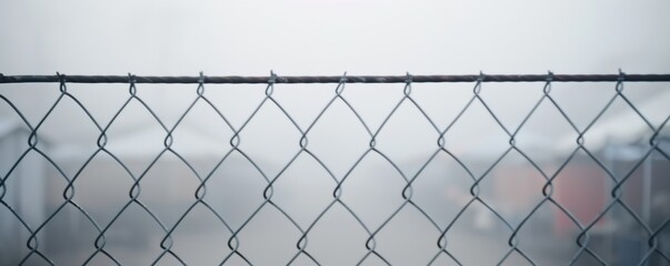 Fototapeta premium Close-up of a chain-link fence on a foggy day, emphasizing the mesh pattern and misty background.
