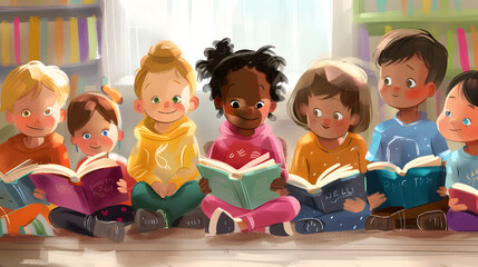 group of diverse young kids children student reading book listen story class kindergarten school education learning classroom library happy heartwarming storytelling cartoon illustration cute digital