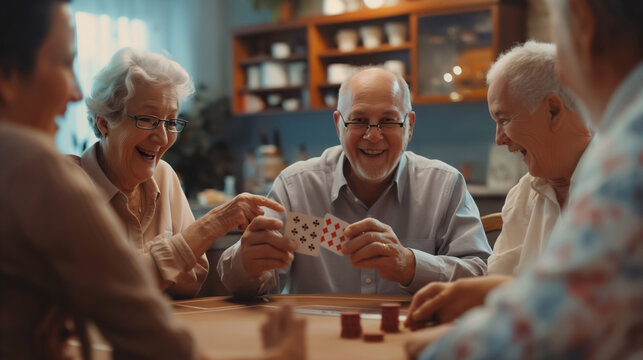 group of elderly people enjoy playing card at kitchen.