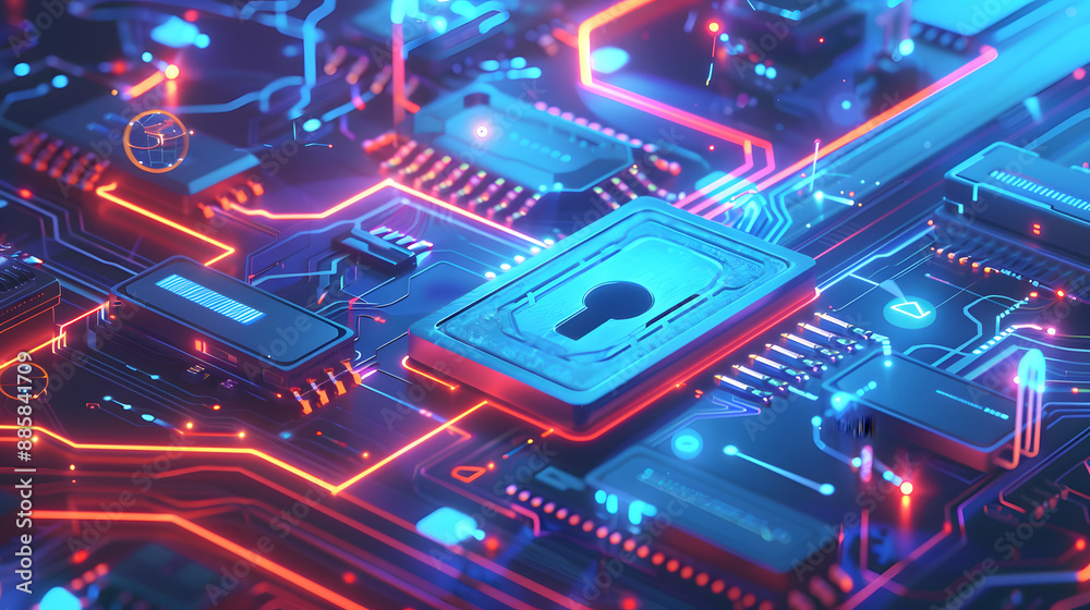 Poster digital illustration cybersecurity concept padlock symbol high-tech circuit board technology data pr
