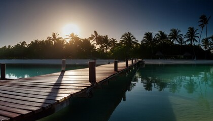 wooden dock and shore at sunrise at bayahibe beach dominican republic