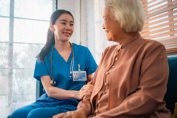 Obraz premium Dedicated Caregiver, Woman Nurse Provides Supportive Health Care for Elderly Patients at Home, Ensuring Retirement Comfort with Professional Medical Assistance, Healthy Living