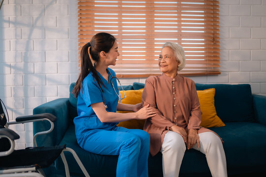 Dedicated Caregiver, Woman Nurse Provides Supportive Health Care for Elderly Patients at Home, Ensuring Retirement Comfort with Professional Medical Assistance, Healthy Living