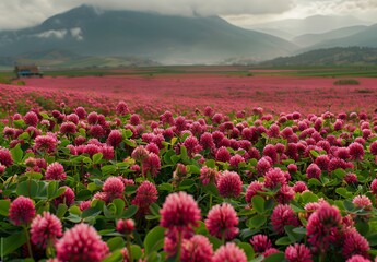 Fototapeta premium Crimson Clover Field with Mountain Background
