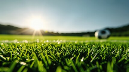 Close-up of a soccer field with artificial grass, highlighted by the sun, and a blurred soccer ball in the background.