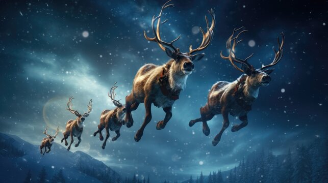 Santa Claus's reindeers are flying in sky over Christmas night city. Winter holiday magic. Seasonal greetings. Shiny sparkles.