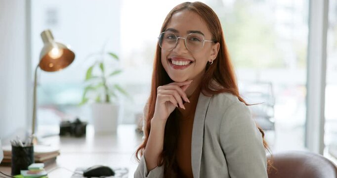 Smile, tablet and portrait of woman at desk with computer, glasses and confidence at HR agency. Business advisor, project manager or human resources consultant with digital app for office management