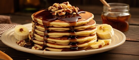 Delicious Pancakes with Syrup, Nuts, and Banana Slices