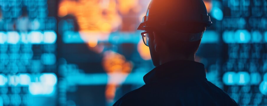 Silhouette of a logistics manager interacting with digital interfaces, Silhouette technology logistics manager automation, Techdriven logistics