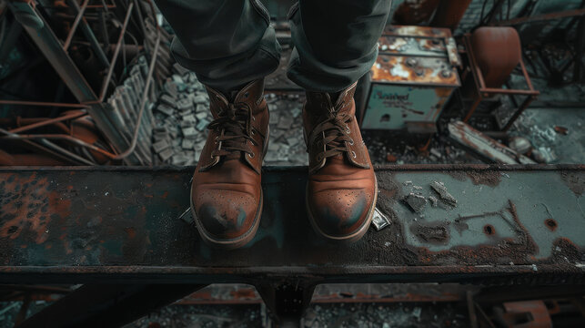 A photograph of a person's feet in brown shoes standing at the edge of a ledge, overlooking an industrial, abandoned building - Powered by Adobe