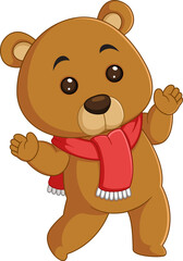 Cute bear with red scarf smiles warmly in snow