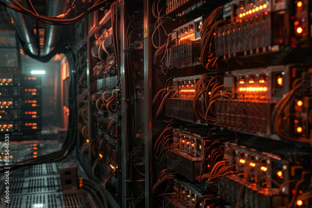 Poster network server room with computers and cables showing concept of big data, cloud computing, artifici