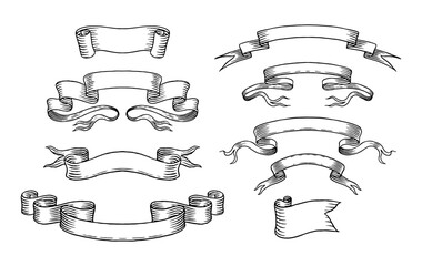 Set of different ribbons. Design icons for greeting cards, banners, invitations. Hand drawn design element. Ink, clipart Sketch, vector illustration. 