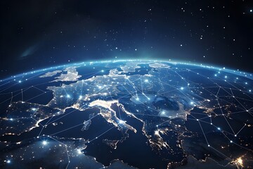 A digital illustration of the Earth seen from space, with glowing connections connecting various European cities across Europe. 