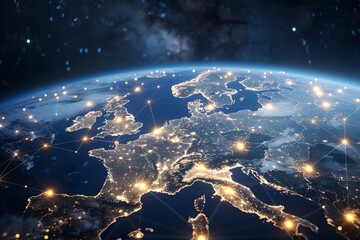 Fototapeta premium A digital illustration of the Earth seen from space, with glowing connections connecting various European cities across Europe. 