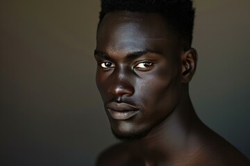 Fototapeta premium Young black man with short hair is posing on a dark background