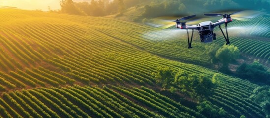 Drone Flying Over a Vineyard at Sunset
