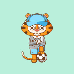 Fototapeta premium Cute tiger goalkeeper soccer player animal kawaii chibi character mascot illustration outline style design