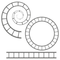 Filmstrip spiral designs. Circular and linear patterns. Black vector illustration. Movie reel.