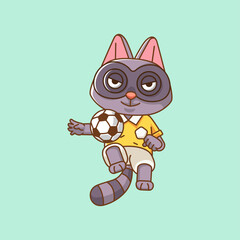 Cute raccoon soccer player animal kawaii chibi character mascot illustration outline style design