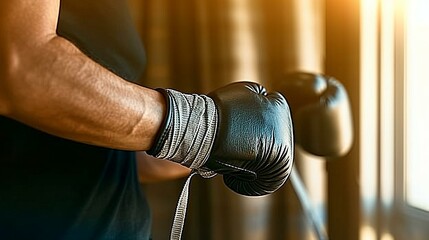 Close-up of a boxer tightening black gloves, preparing for a training session